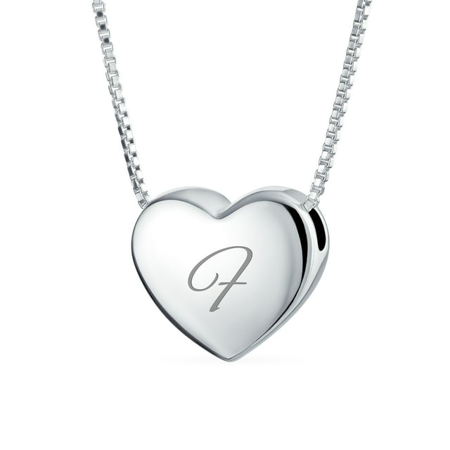 Personalized Plain Simple Engravable Script Alphabet Letter F Initial Monogram Heart Pendant Necklace Slide Pendant for Women for Girlfriend Polished .925 Sterling Silver Custom Engraved