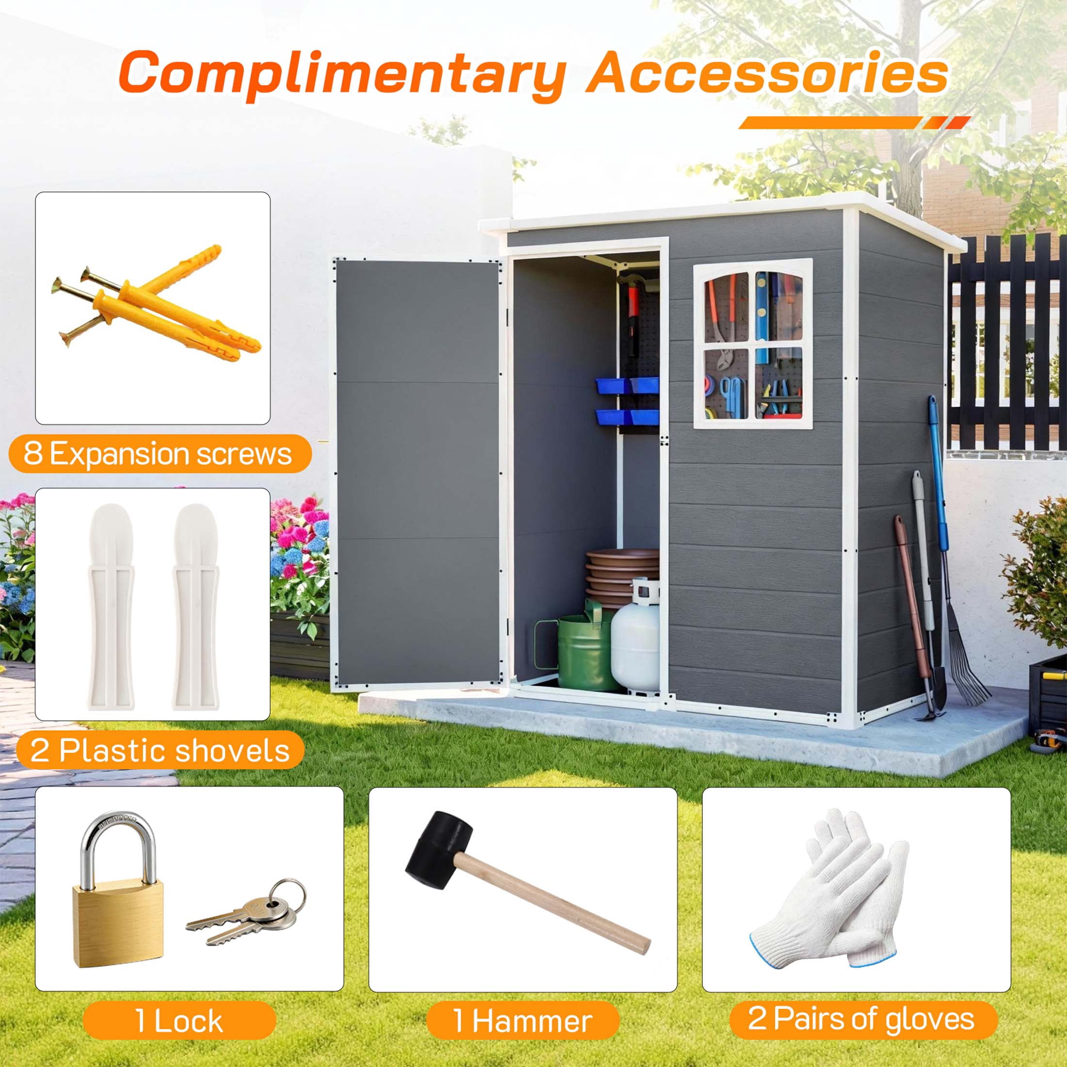 LZBEITEM 5x3 ft Resin Outdoor Storage Shed with Floor, Garden Plastic Tool Shed with Window and Lockable Door, Colorfast, for Garden Backyard, Gray