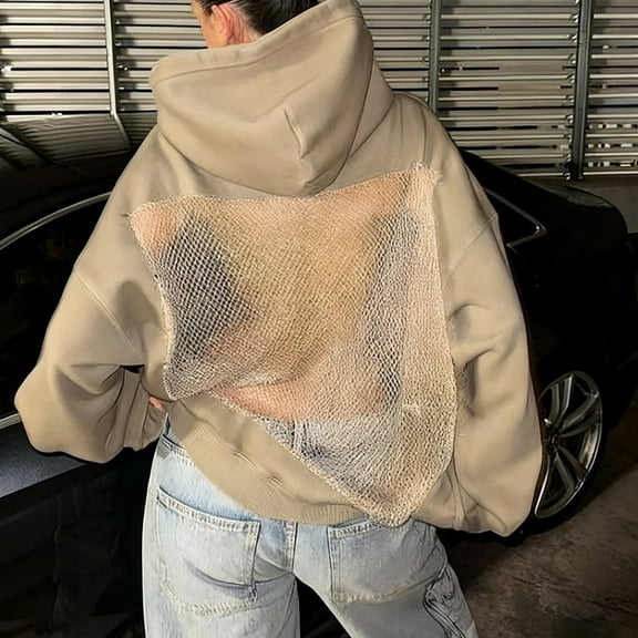 Women's Mesh Back Hoodie, Casual Long Sleeve Crop Top, Open Back Streetwear Sweatshirt, Fashion Cutout Pullover, Lightweight Lounge Wear, American Style Sports Top Beige L