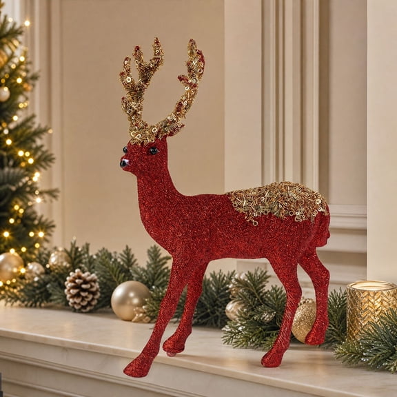 Aonerit Red Christmas Reindeer Figurine, Sparkly Golden Antlers, Standing Deer Statue, Tabletop Mantel Shelf Decor, Holiday Home Accent