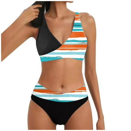 QYZEU Womens Swimsuits Tankini Clearance Women Swimsuits Shorts Women s Two Piece Bikini Split Print Hot Push Up Bikini Swimsuit V Neck Lightweight Top Women Orange 2XL