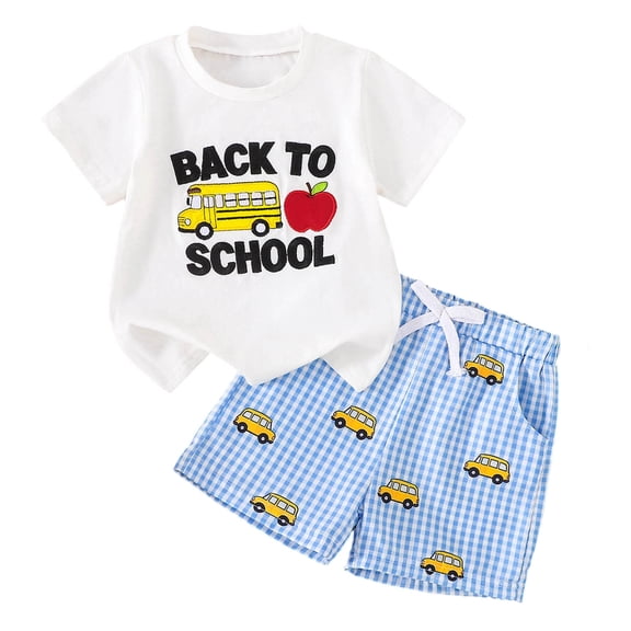 Quealent Toddler Baby Boy Back to School Outfit 12 18 24 Months 2T 3T 4T Clothes Short Sleeve Apple Shirts Plaid Shorts (Blue, 6-12 Months)