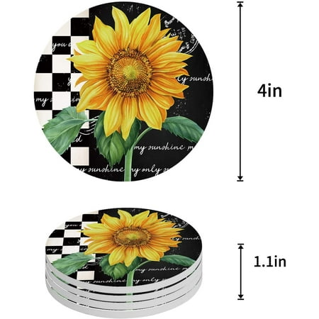 

KXMDXA Farm Summer Sunflower Black Plaid Set of 4 Round Coaster for Drinks Absorbent Ceramic Stone Coasters Cup Mat with Cork Base for Home Kitchen Room Coffee Table Bar Decor