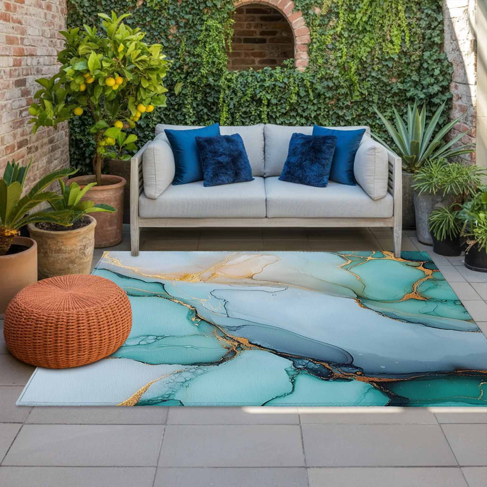 5' x 8' Outdoor Rug, Turquoise Marble Outdoor Washable Rug Large Floor Carpet, Farmhouse Abstract Ombre Texture Non Shedding Area Rug for Outside Patio RV Porch Deck Balcony Camping Living Room