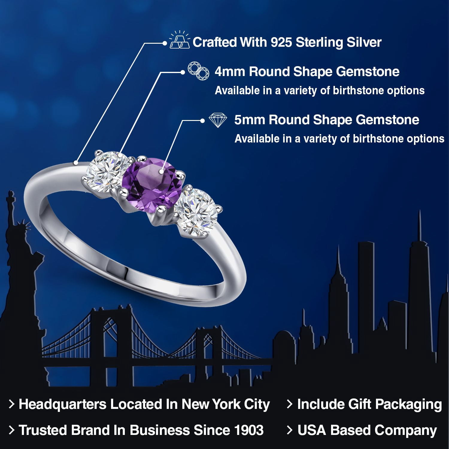 Gem Stone King 925 Sterling Silver Purple Amethyst and Lab Grown Diamond 3-Stone Engagement Ring for Women | 1.02 Cttw | Round 5MM | Gemstone February Birthstone (Size 8)