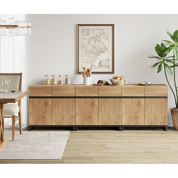 WAMPAT 3 in 1 Multifunctional Sideboard Buffet Cabinets, Modern Sideboard with Adjustable Shelf and Metal Base, Coffee Bar Cabinet Storage Cabinet for Living Room, Kitchen, Oak