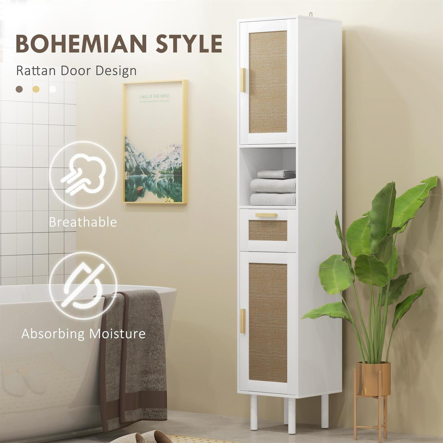 Demi Bonn 66" Tall Bathroom Storage Cabinet with Rattan Door, Adjustable Shelves for Modern Spaces, White