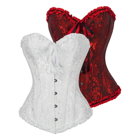 

DODOING 2 Packs Women Satin Lace Sexy Bustier Corset Basque Lace Up Lingerie G-string Set S-6XL