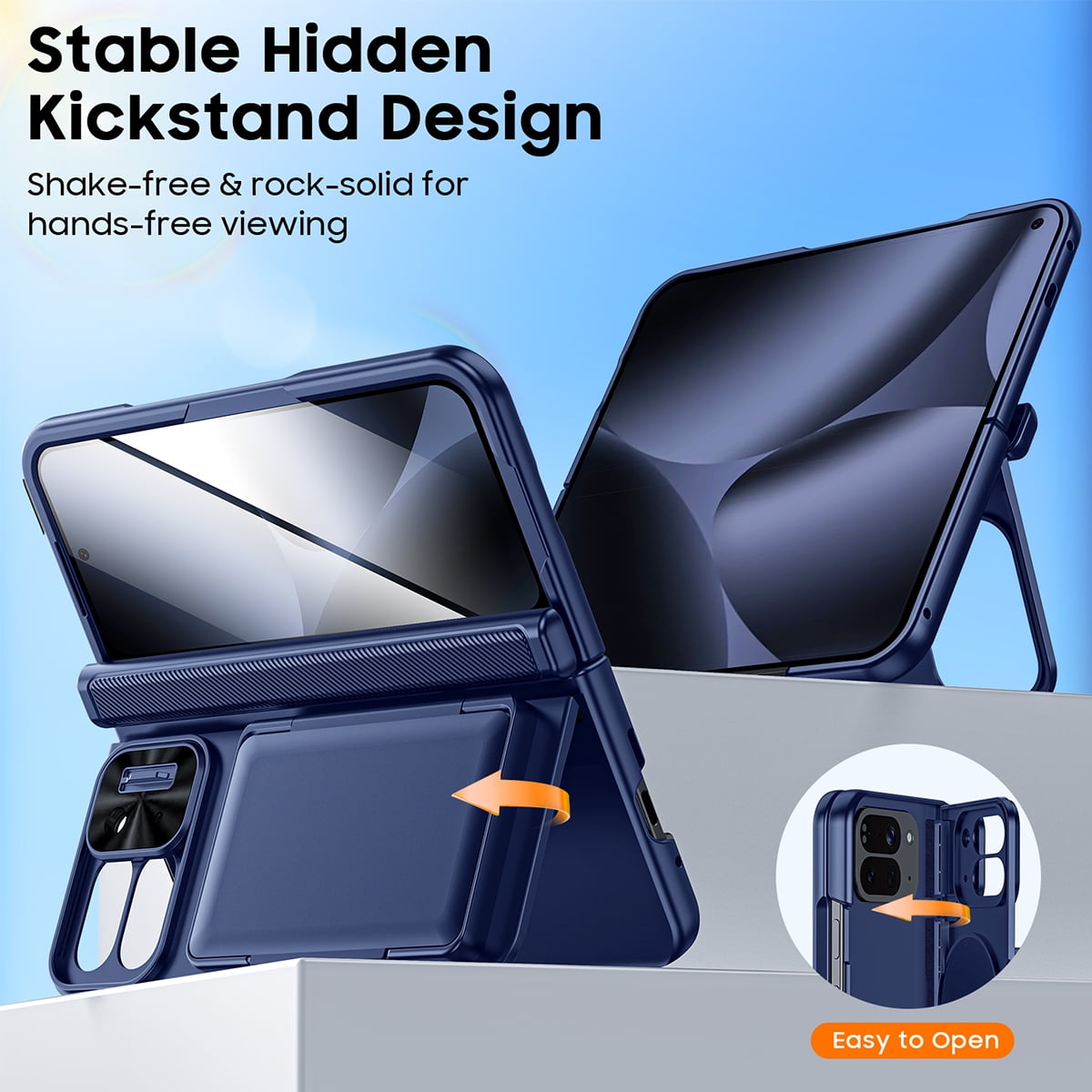 Vizvera for Google Pixel 10 Pro Fold With Card Holder[RFID Blocking]Camera Cover,Hinge Protection,Hidden Kickstand,Screen Protecto Phone Case-Blue
