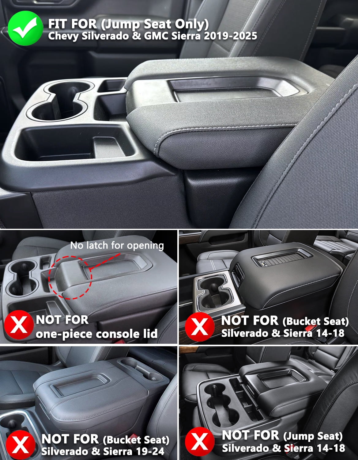 KBH Center Console Cover for 2019-2026 Chevy Silverado/GMC Sierra Accessories, Black Leather Armrest Cover for Jump Seat Console, Anti-scratch Middle Console Lid Protector