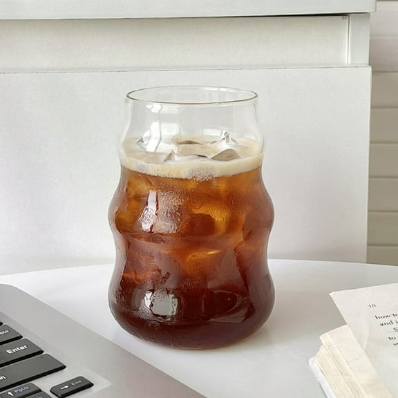 Iced Coffee Glasses,18 oz Iced Coffee Cups,Drinking Glasses,Beer Can Glass Glass Tumbler,Wave Shape Ribbed Glassware