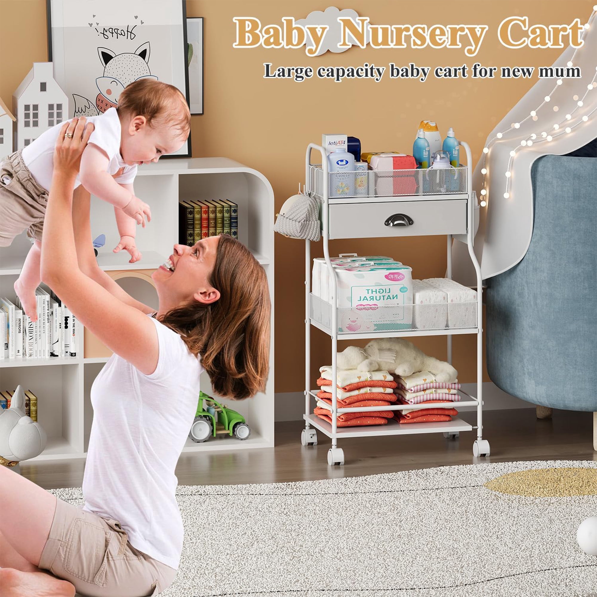Gofinoday Baby Diaper Caddy Cart, 3-Tier Diaper Caddy Organizer with Drawer, Dividers & Lockable Wheels, White Nursery Storage Cart
