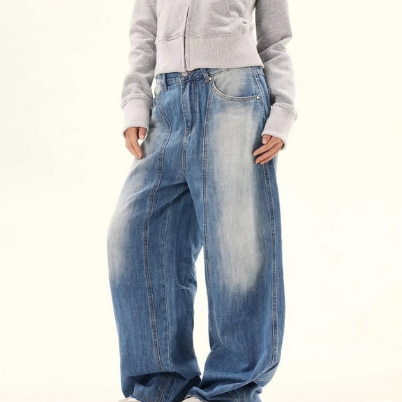 Retro High-Street Dirty Wash Distressed Straight-Leg Jeans Loose Fit Wide-Leg Pants for Men and Women