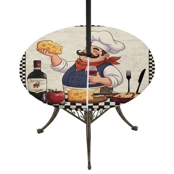 Round Outdoor Tablecloth with Umbrella Hole and Zipper, Kitchen Chef Tablecloth with Elastic Waterproof, Vintage Cheese Wine Coking Black Checked Patio Table Covers for 31" - 35" Picnic Pool Tables