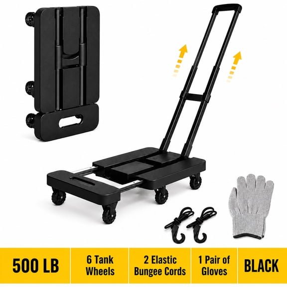 Icreopro Folding Hand Truck, 500 LBS Heavy Duty Dolly Cart, Utility Cart with 6 Stair Climbing Wheels, Telescopic Handle, for Moving Shopping Travel, Black