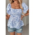 thumbnail image 3 of TinyCribz Sky Blue Floral Smocked Top for Women – Ruffled Short Sleeve Square Neck Summer Peplum Blouse XL, 3 of 9