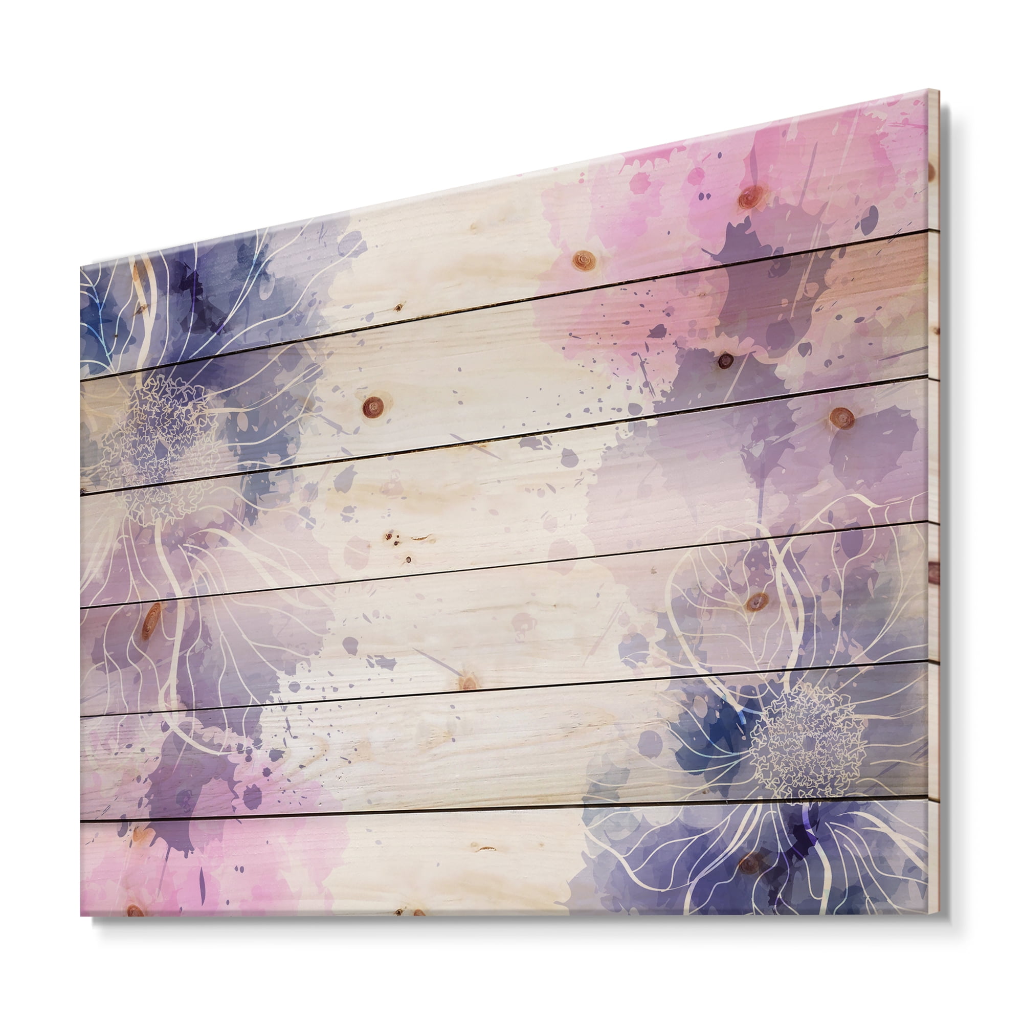 Designart 'Pink and Purple Abstract With Colorful Splashes I' Modern Print on Natural Pine Wood