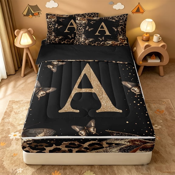 Catabedysis Cheetah ABC Print A Zipper Twin Comforter Sets with Fitted Sheet and 2 Pillowcases,Personalized Monogram Gifts Zipper Bedding Set For Girls,Black Reversible,4-Piece