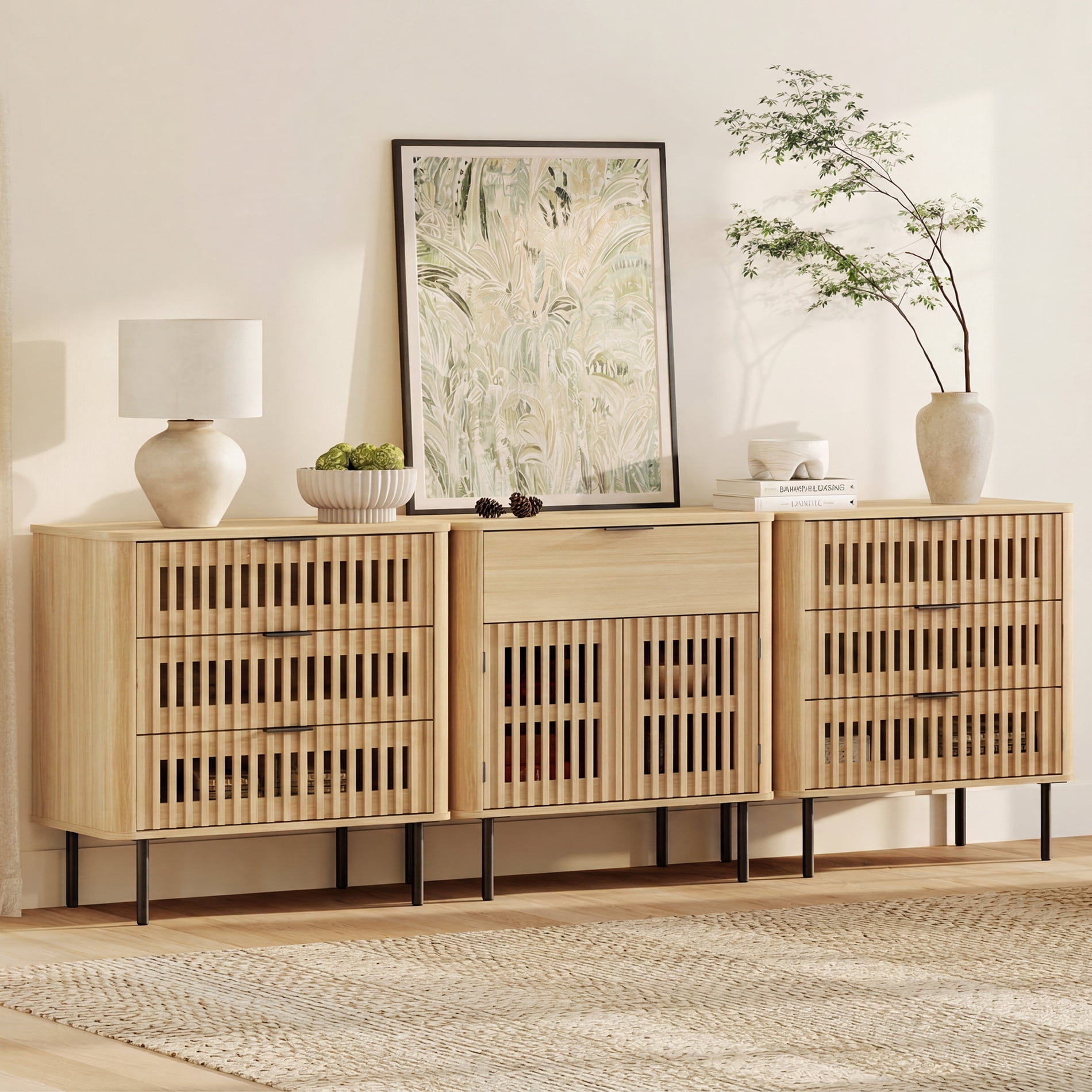 94.5 Inch Large Fluted Buffet Cabinet Sideboard with Storage, Pop-Up Doors & Adjustable Shelf, Wood Modern Accent Coffee Bar Console Table with Drawers for Kitchen, Living Room, Oak