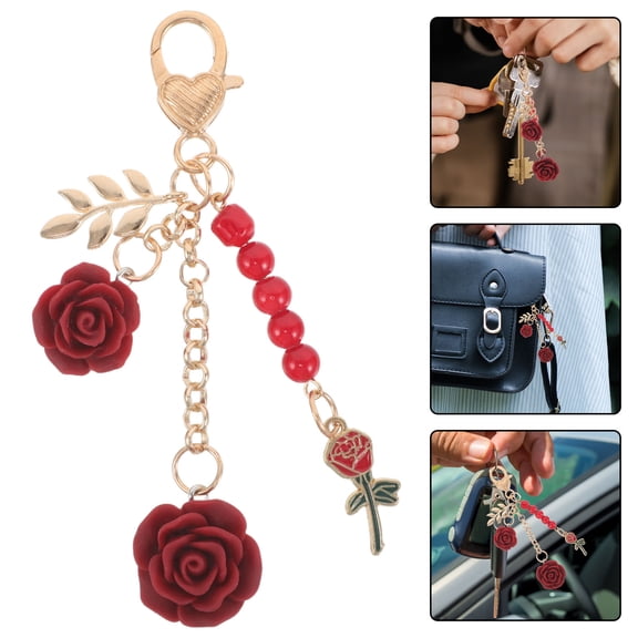 OULII 4Pcs Floral Red Rose Keychain for Bag Car Keyring Pendant Handbag Charm