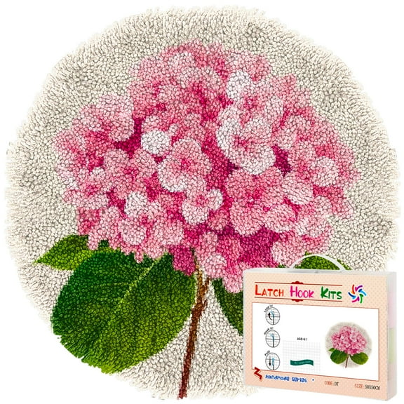 Latch Hook Rug Kit Hydrangea Flower Stamped Handmade Round Shape Carpet Crochet Yarn Craft DIY Hook and Latch Door Mat Tapestry for Home Floor Decor 50x50cm