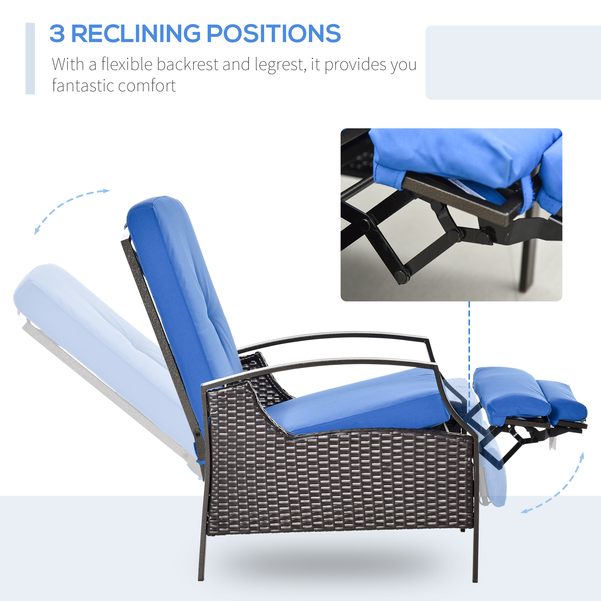 Outsunny Outdoor Recliner, Reclining Chair w/ Footrest & Cushions, Blue - image 4 of 9