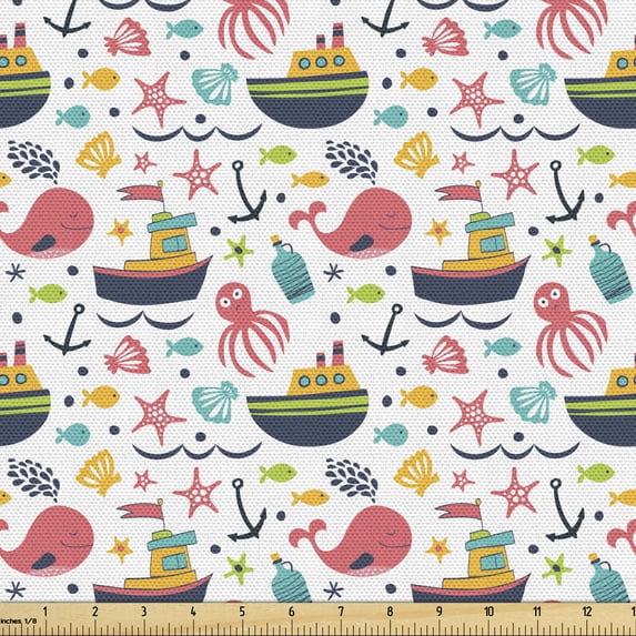 Octopus Upholstery Fabric by the Yard, Summer Style Pattern with Steamboat Octopus Anchor Sea Starfish Seashells, Decorative Fabric for DIY and Home Accents, 5 Yards, Multicolor by Ambesonne