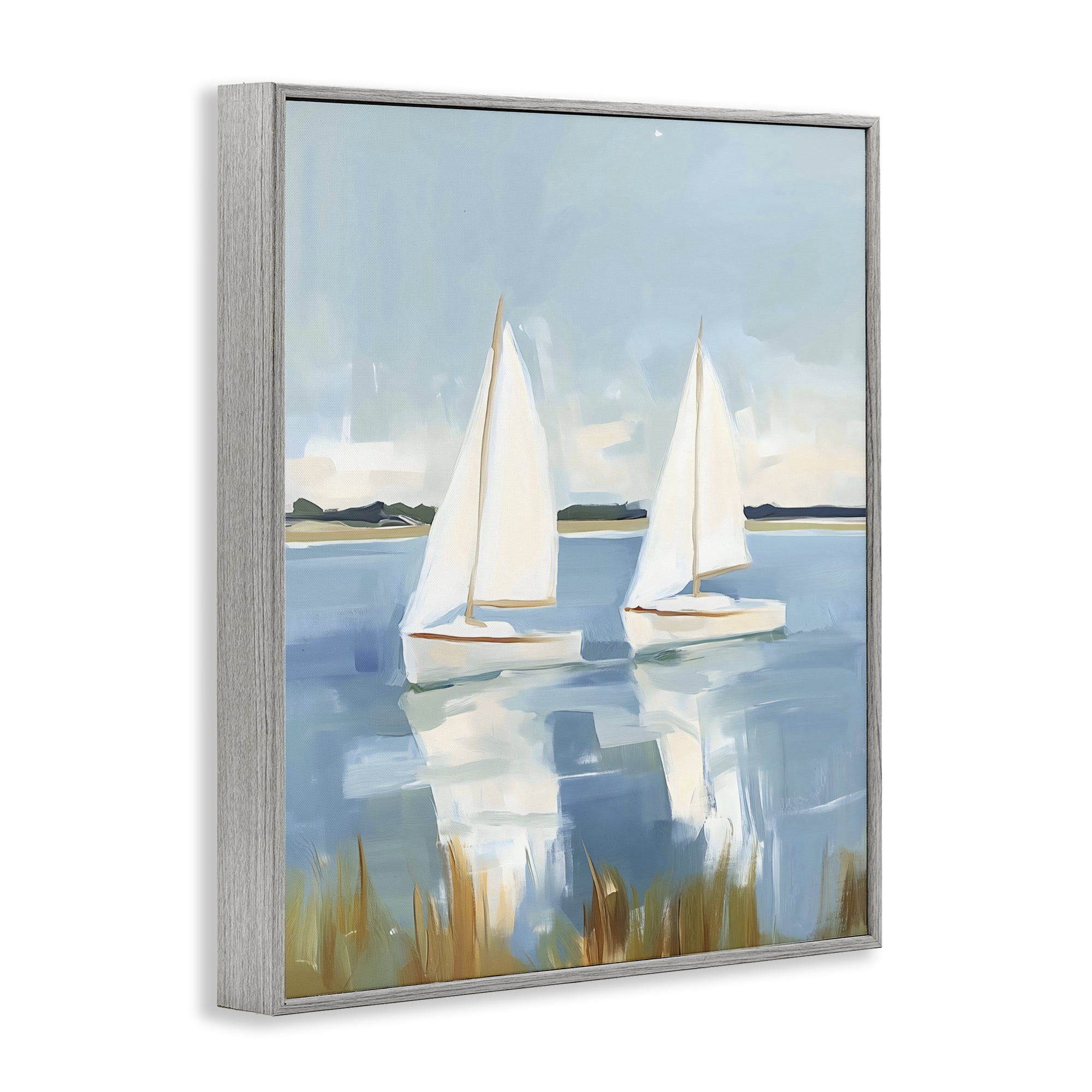 Stupell Industries Twin Sailboats By Shore Gray Framed Giclee Art, design by The Prints Vibe