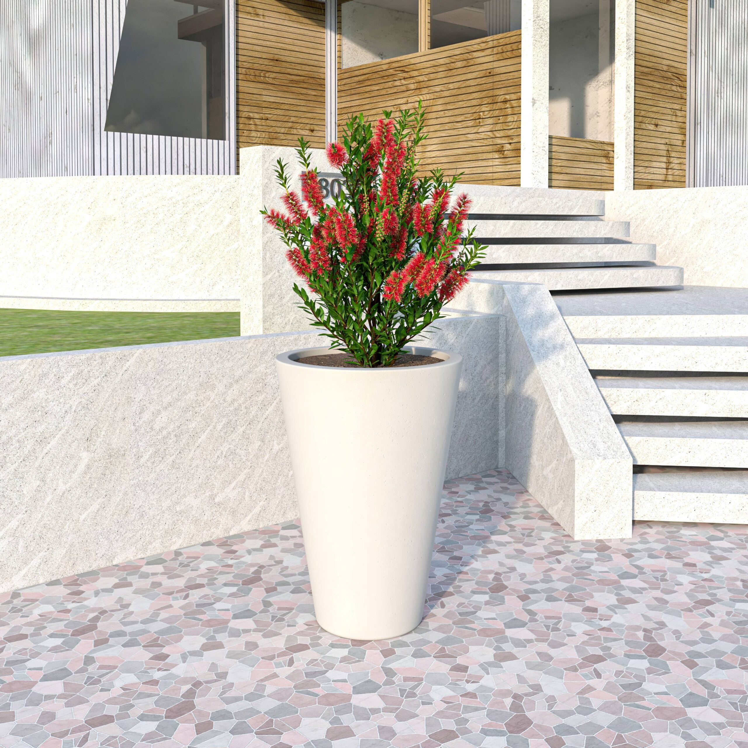 LeisureMod Pebble Fiberstone and MGO Clay Planter, Mid-Century Modern Tapered Round Planter Pot for Indoor and Outdoor (White, 28 Inch)