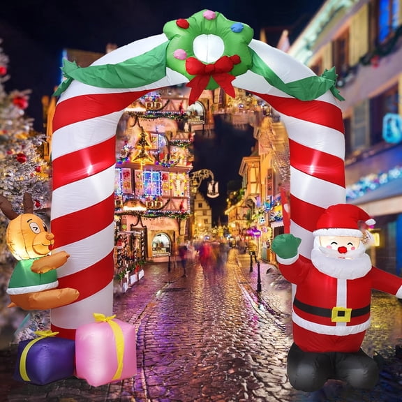 KINQUINN 8 ft Inflatable Santa & Reindeer Candy Arch With LED Lights, Blow-up Holiday Archway For Lawn Patio Outdoor Party
