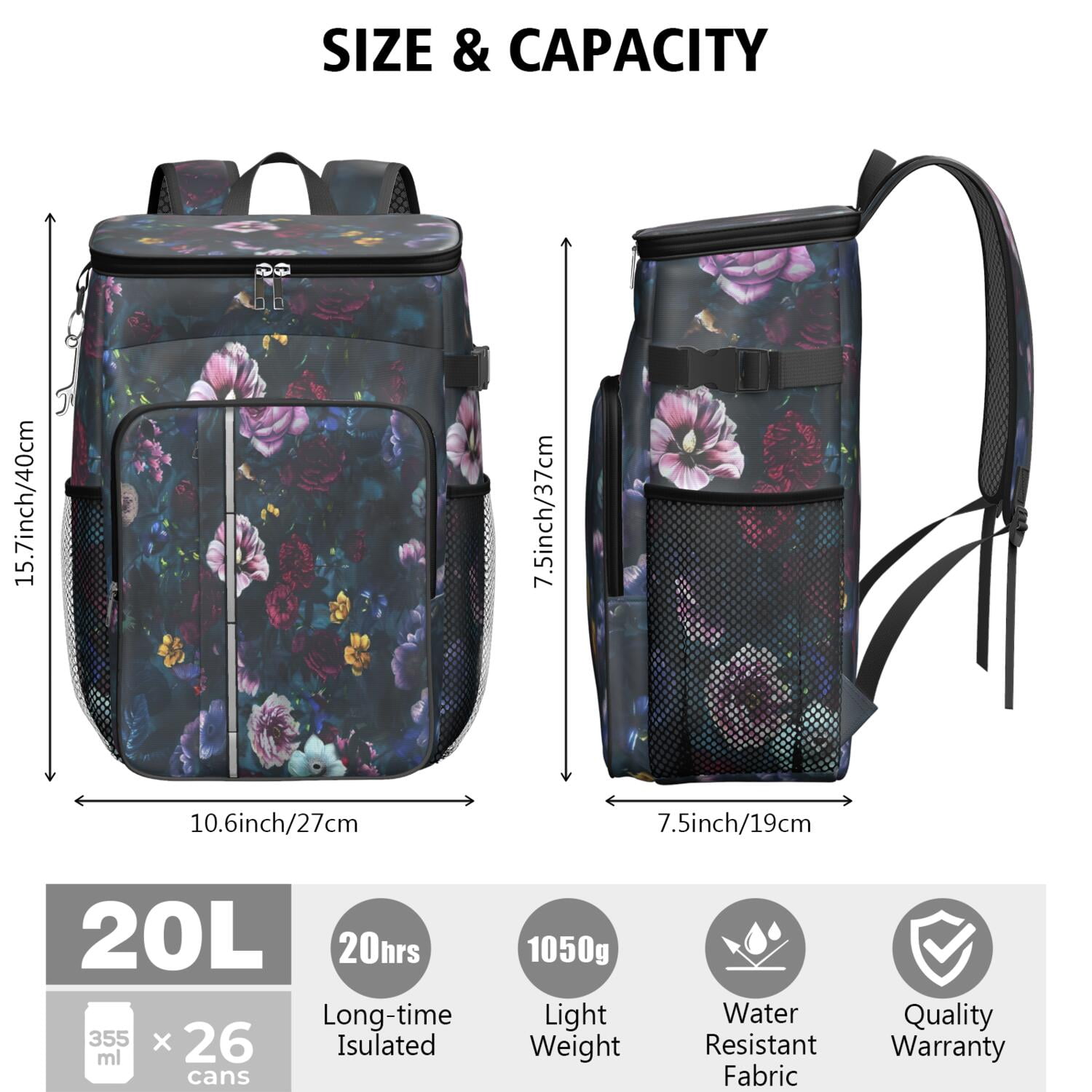 Travel Cooler Bag - Pioneer Flower Floral Print Pattern Camping Beer Cooler Backpack with Bottle Opener- Waterproof Insulated Picnic Backpacks - Cooler Bag for Beach