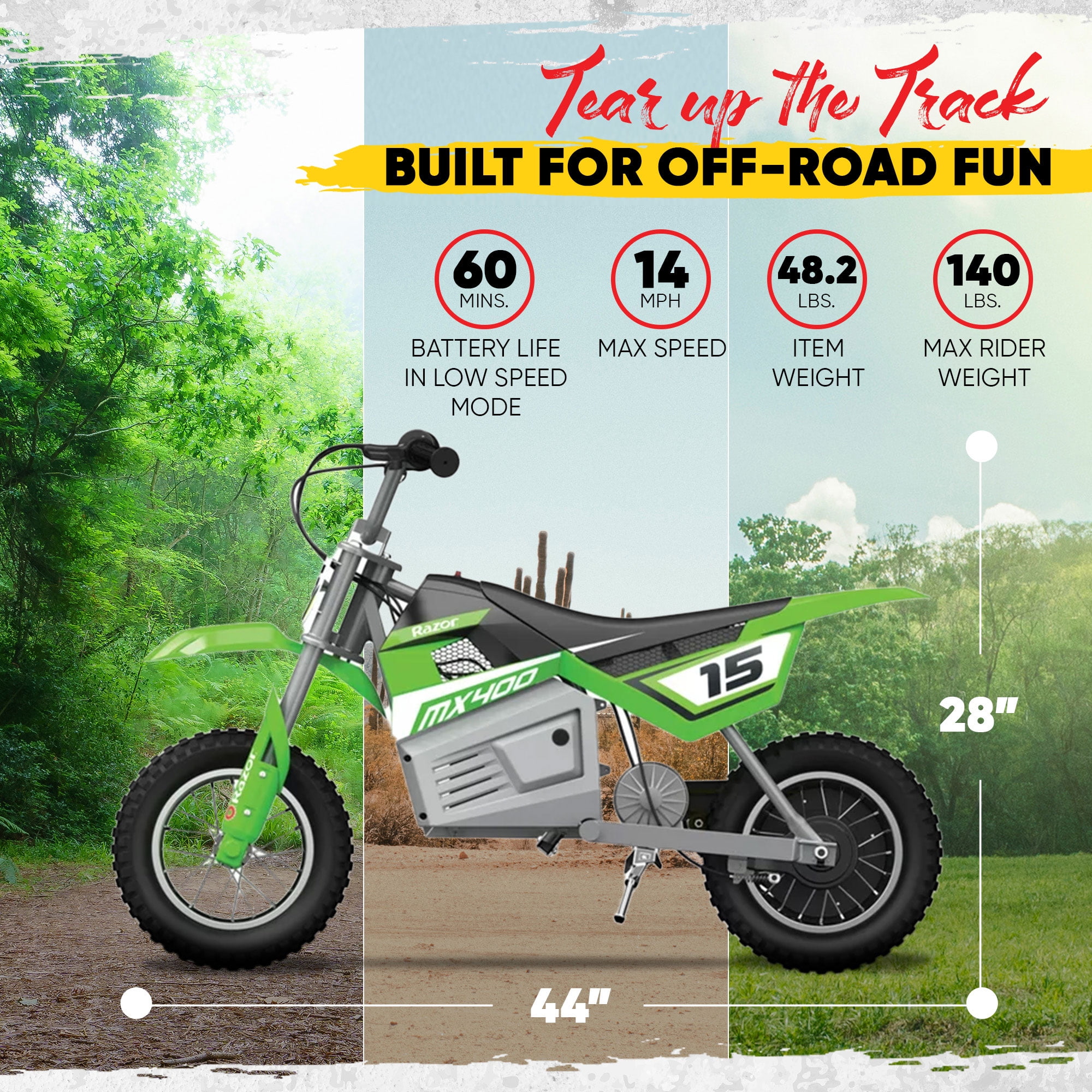 Razor MX400 Dirt Rocket Electric Bike, Age 8+, 14 Mph, 30-Min Run, 140lb Max, Green