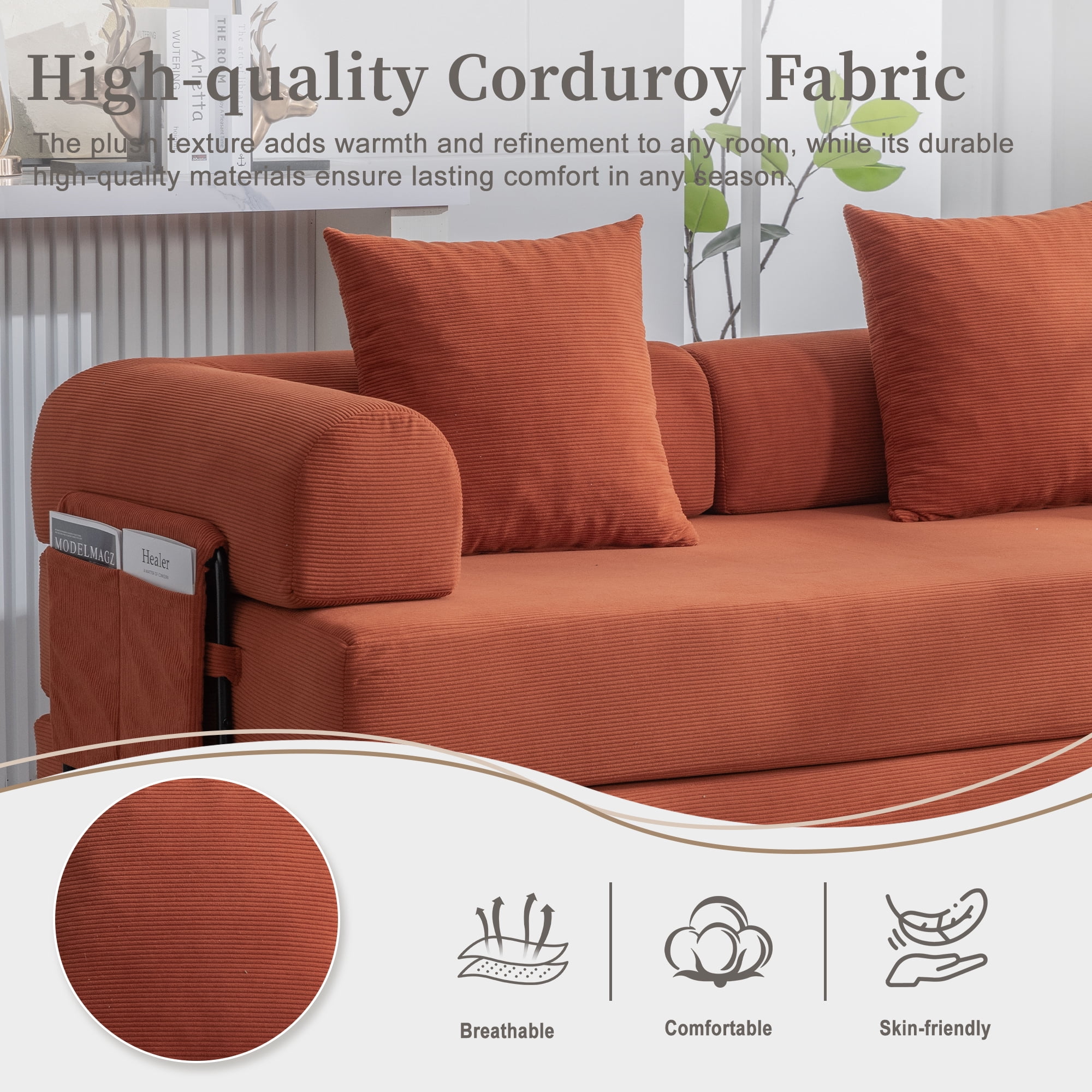MOONMISS Corduroy Upholstered Modern Comfort Foldable Compressible Sofa Bed with Sturdy Metal Frame-Orange