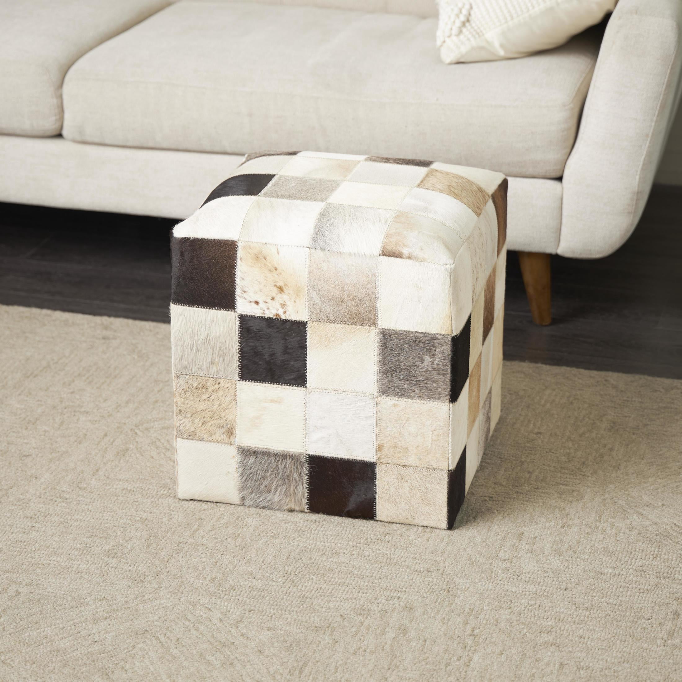 DecMode Leather Handmade Cowhide Stool with Patchwork Pattern, Multi Colored