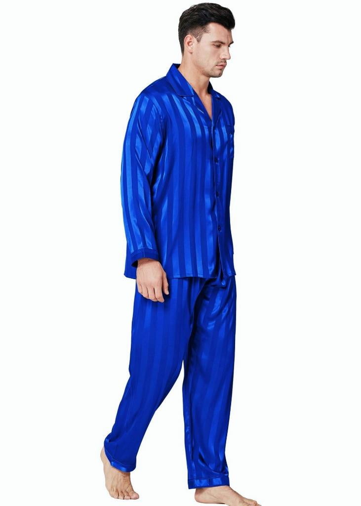 LONXU Men's Pajamas Long Sleeve Silk Satin Luxury Drawstring Nightwear