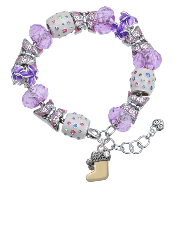Delight Jewelry Two-tone 3-D Stocking with Clear Crystal Purple Butterfly Bead Charm Bracelet, 7"+1" Extender