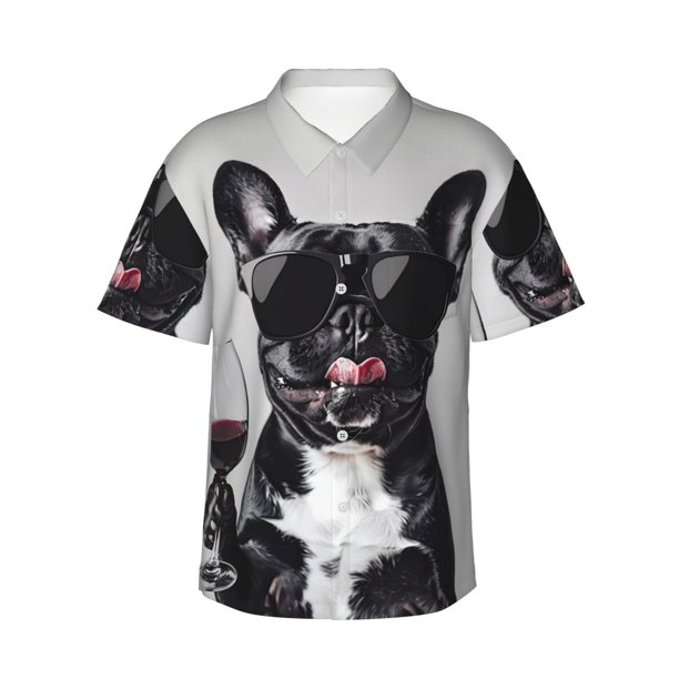 Balery Cool French Bulldog Wine Camisas hawaianas de manga corta para hombre, camisas playeras de corte holgado, camisas de vacaciones con botones,XX-Large