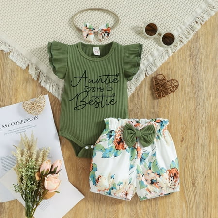 

Hunpta Infant Girls Short Sleeve Letter Printed Ribbed Romper Bodysuits Floral Printed Shorts Headbands Newborn Outfits