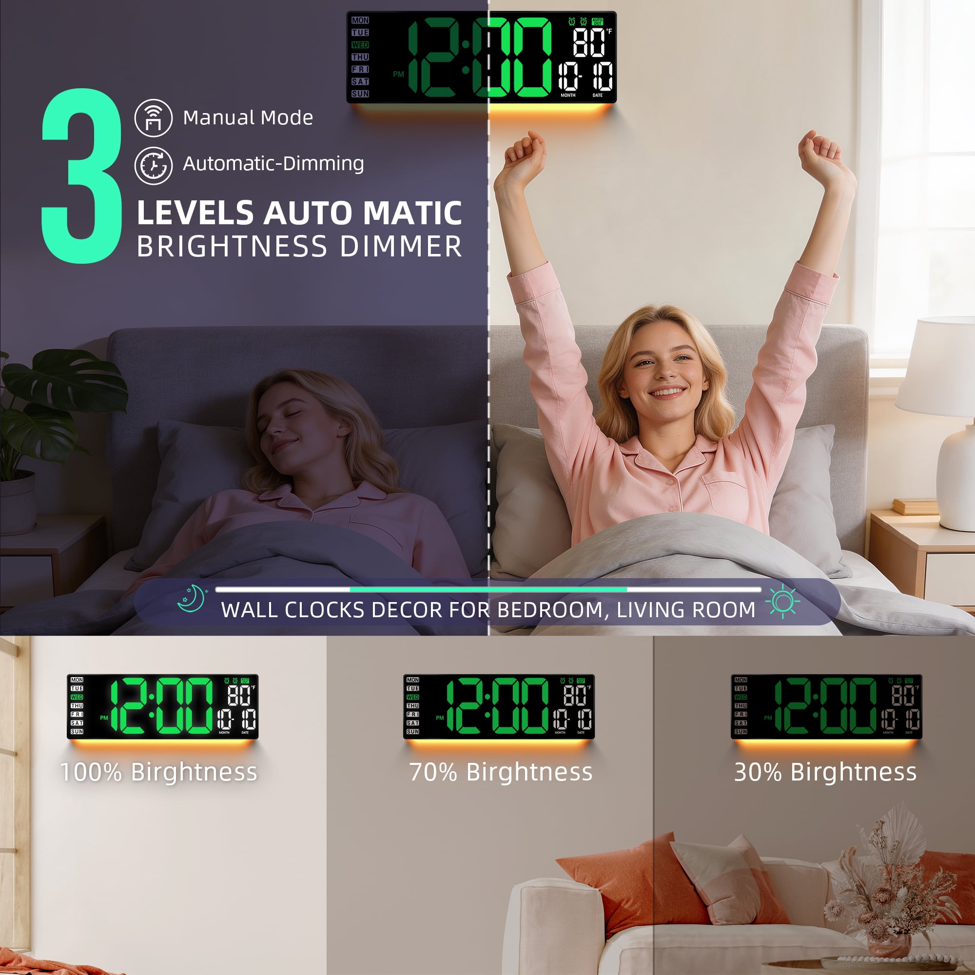 16.5" Large Digital Wall Clock with Remote Control, Auto-Dimming LED Display with Date Temp, Big Number Wall Mount Decor Clock for Seniors, Classroom, Dorm, Home, Office, Gym Green