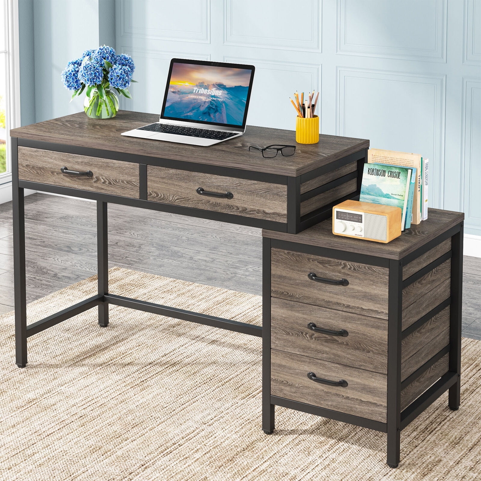 Tribesigns Computer Desk with 5 Drawers, Home Office Desks with Reversible Drawer Cabinet Printer Stand, Industrial PC Desk with Storage, Rustic Study Writing Table Workstation for Small Spaces