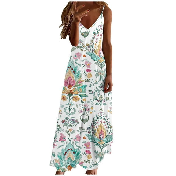 QQAMB Dresses for Women Floral Spaghetti Strap Sundress Casual Summer Maxi Dress V-Neck Boho Dresses Trendy Beach Outfits White 2XL