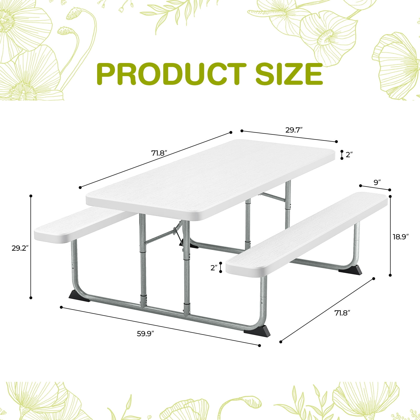 Fenbeli Folding Picnic Table Set 6ft Outdoor Picnic Table with Benches for Camping, BBQ, and Patio Use, White