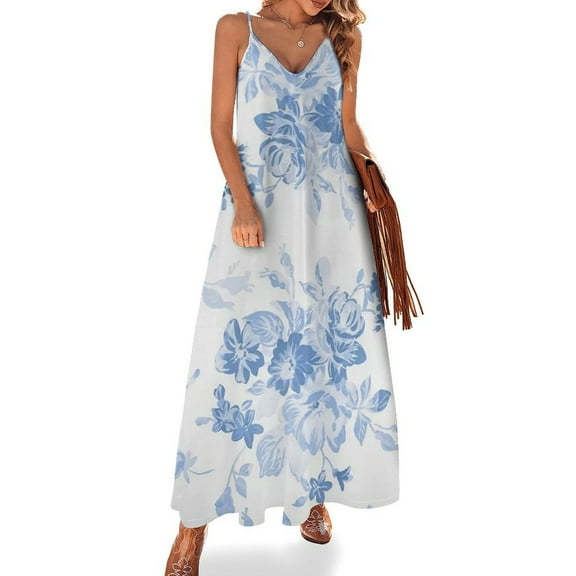 Modern Navy Blue White Watercolor Elegant Floral Sleeveless Dress Loose Women's Dress Dresses Luxury Evening Dresses