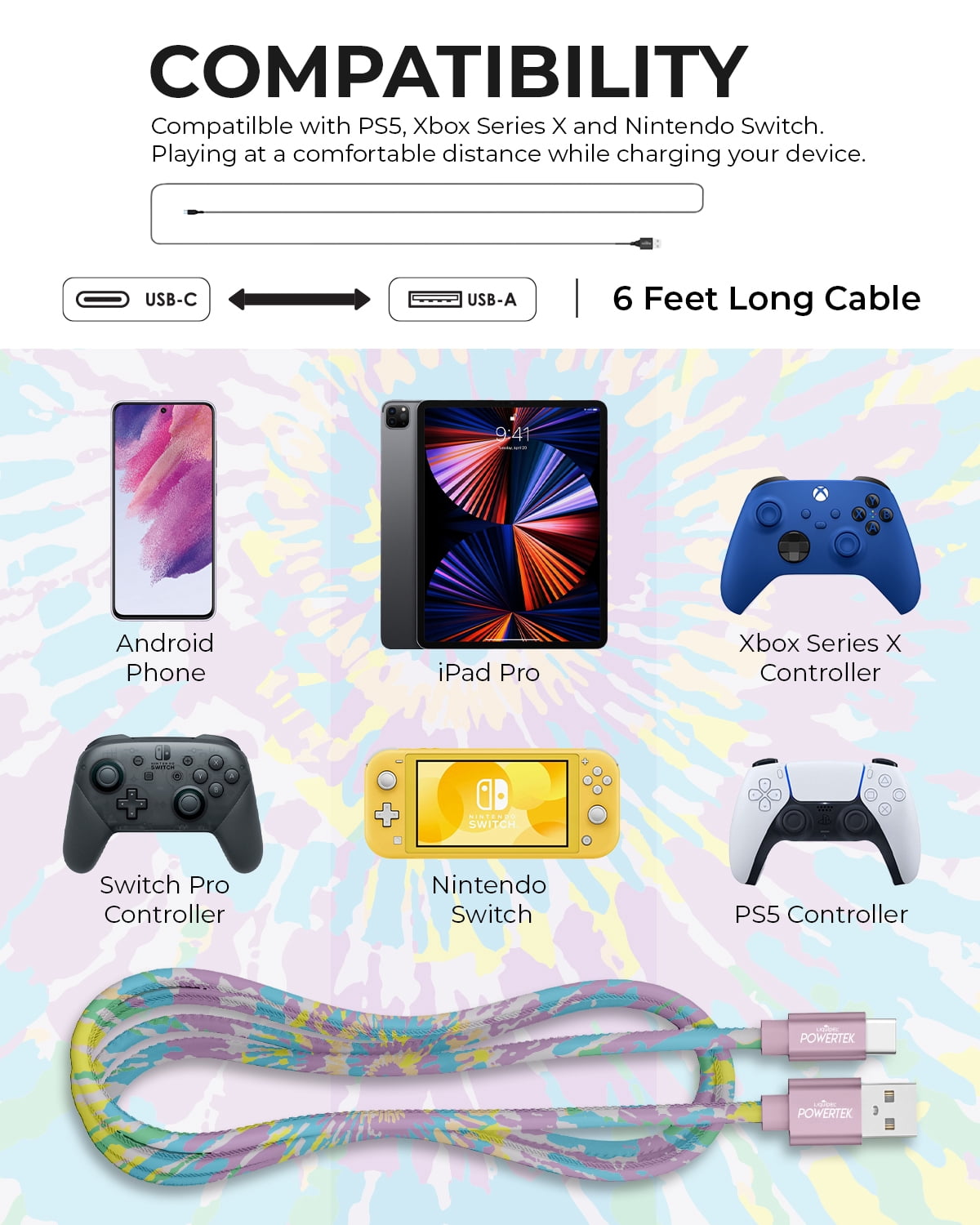 Liquipel Powertek Type-C Fast Charger Cable, 6ft USB-C for Galaxy, Note, Tab, MacBook, Tie Dye
