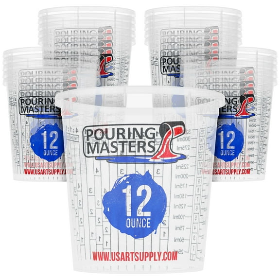 Pouring Masters 12 Ounce (350ml) Graduated Plastic Mixing Cups (Box of 20) - Use for Paint, Resin, Epoxy, Art, Kitchen, Cooking, Baking - Measurements in OZ., and ML., 4 Different Measuring Ratios 1:1