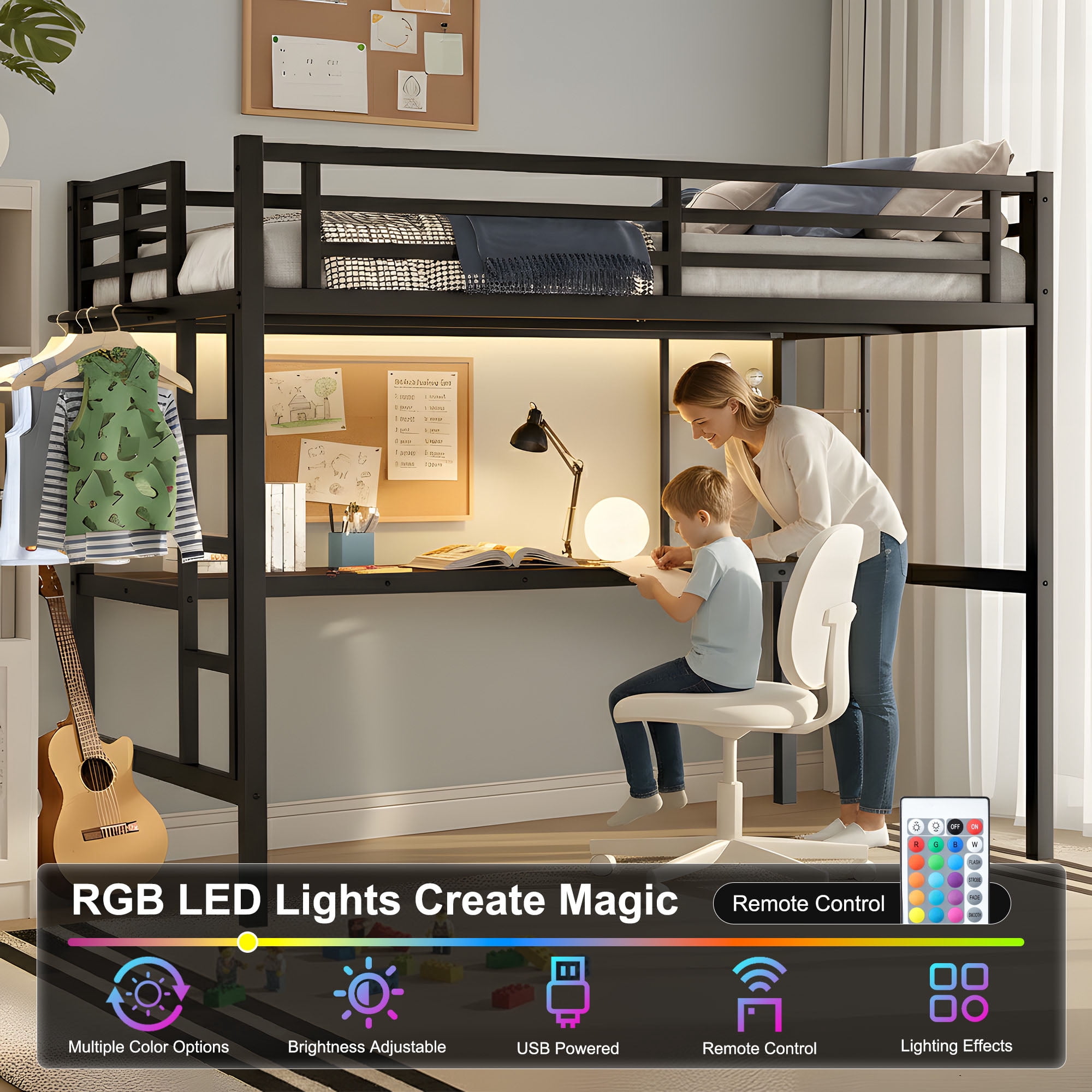 Miniyam Twin Size Loft Bed with Desk and Storage Shelves, Metal Loft Bed with Charging Station and LED Lights