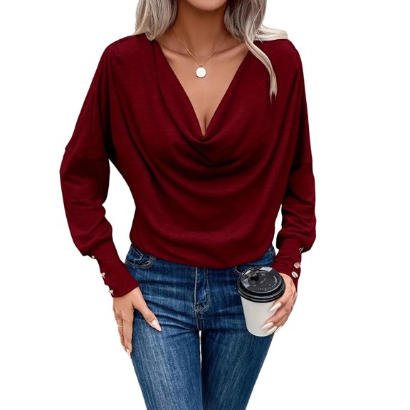 Women's Puff Long Sleeve Cowl Neck Blouse Stretch Polyester Ruched Front Layering Top Office Casual