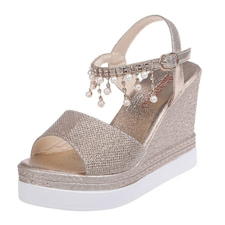 

GNEIKDEING Women Ladies Wedges Platforms Crystal Pearl High Heels Shoes Sandals Gift on Clearance