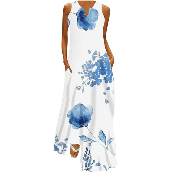 Mikilon Women Floral Summer Dress Casual Beach Dress Printed Tank Dress with Pockets Pleated Front Long Dress