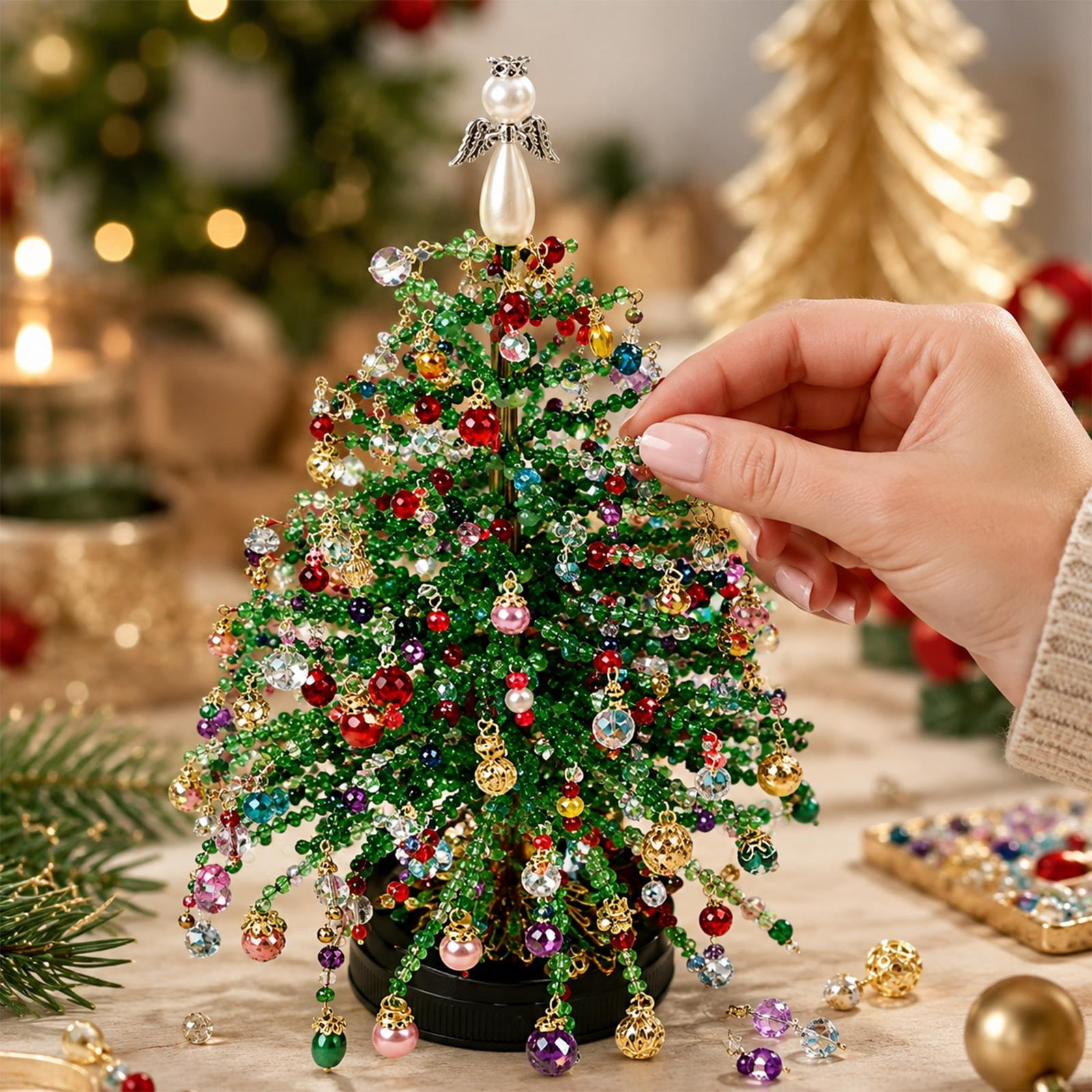 50% off DIY Beaded Christmas Tree Kit, Build Your Own Warm Glow Tabletop Mini Tree, All-Inclusive Handmade Beading Kit for Indoor Desktop
